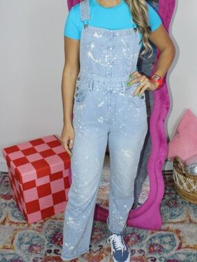 Light Blue Paint-Splatter Denim Overalls - Women Jeans